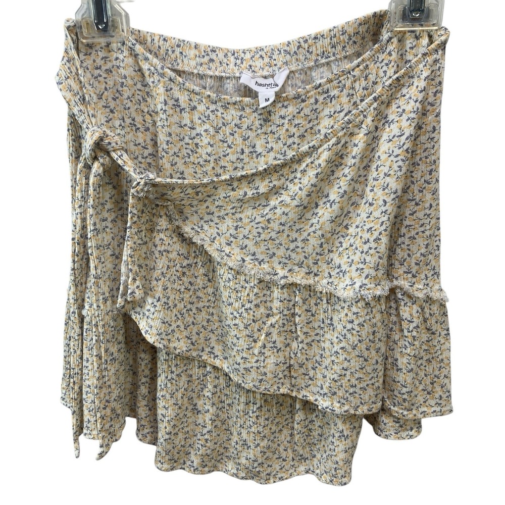 Hashtag in trend Mini Skirt M Crinkle Faux Wrap Floral White Yellow Gray Rayon